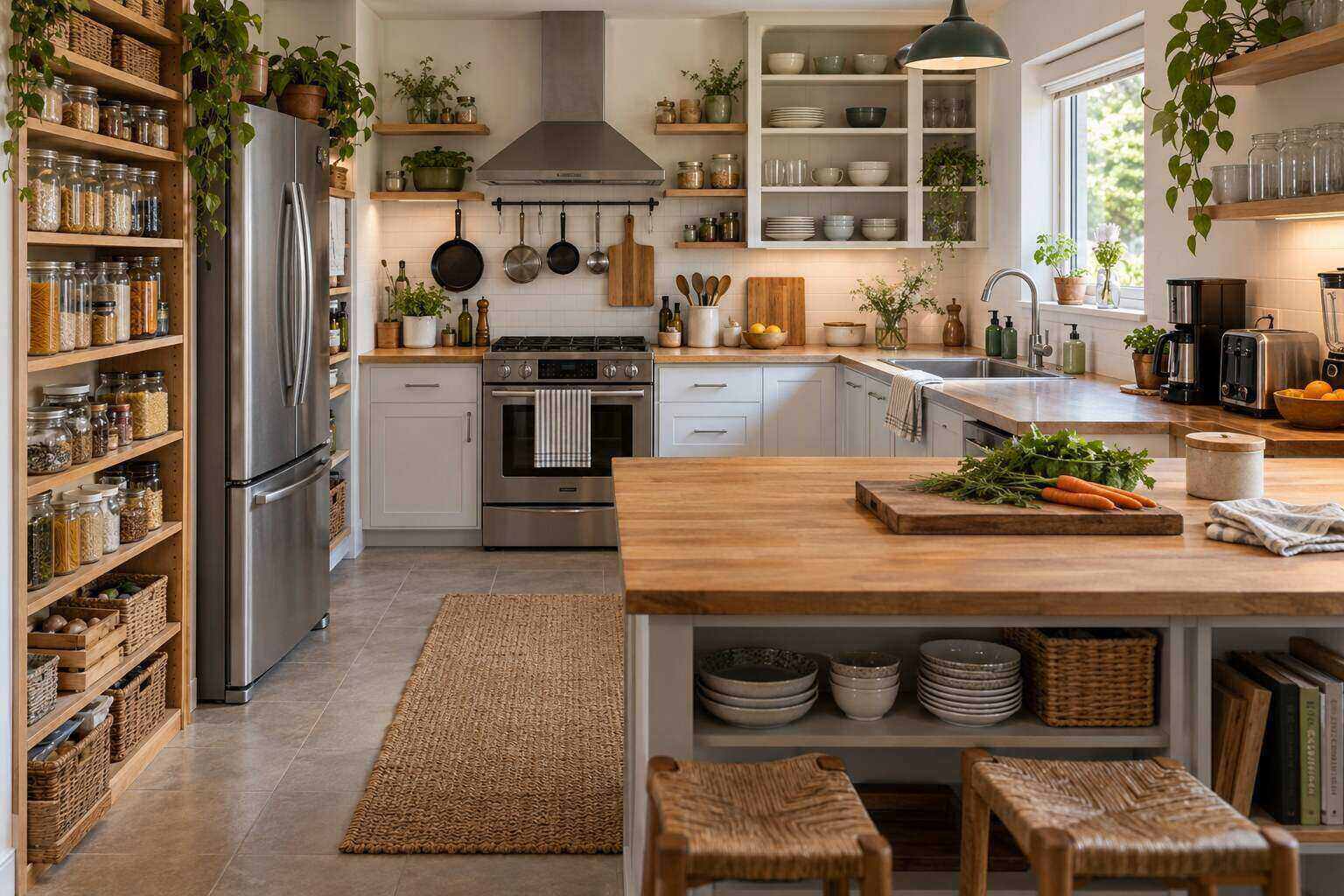 Cuisine organisée et lumineuse, observée dans ses usages quotidiens